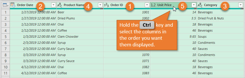 Power Query Reorder Columns - Ctrl Select Columns in Order