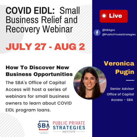 Photo of Veronica Pugin with text COVID EIDL Small Business Relief and Recovery Webinar