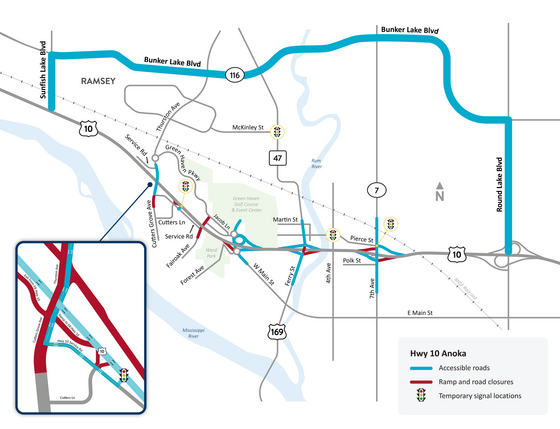 Overview of all current closures and open routes in the Hwy 10 Anoka project area