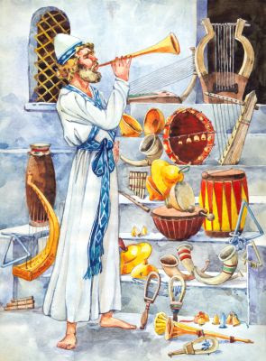 An illustration of a Levite playing a trumpet
              in the midst of a selection of Temple instruments.