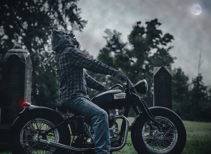 Werewolf on a Triumph motorcycle