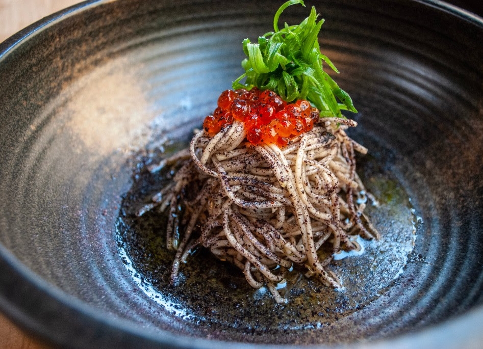 Soba, ikura, sweet potato snow, nori brown butter (Credit DanaPlucinski)