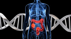 a body with an exposed colon and DNA in the background