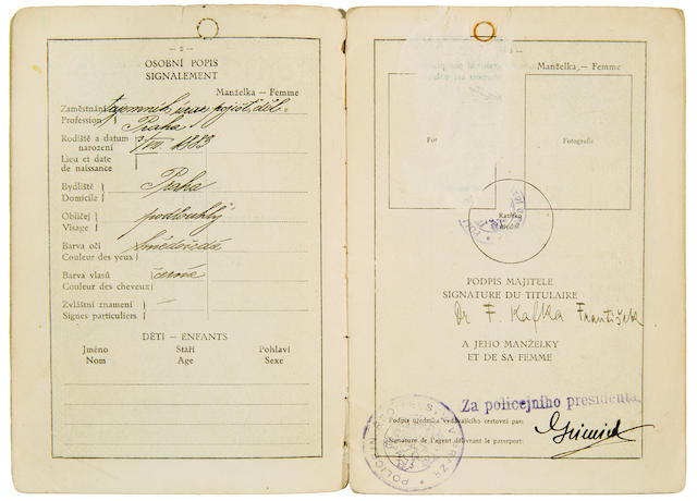 KAFKA, FRANZ. 1883-1924. Czechoslovak Passport Signed ("Dr. F. Kafka František"), [Prague, June 1922].
