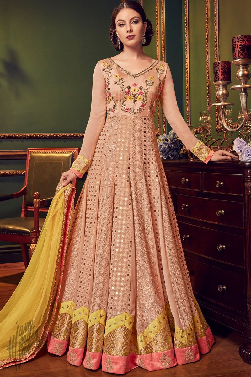Peach and Yellow Swiss Georgette Anarkali Suit
