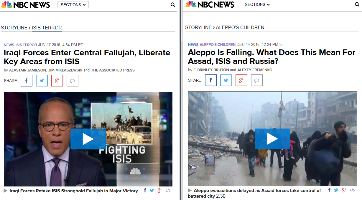 Contrasting NBC headlines on the recapture of Fallujah, Aleppo