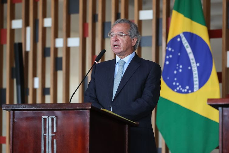 O  Ministro de Estado da Economia, Paulo Guedes, durante a cerimônia de assinatura do memorando, no Itamaraty, em Brasília