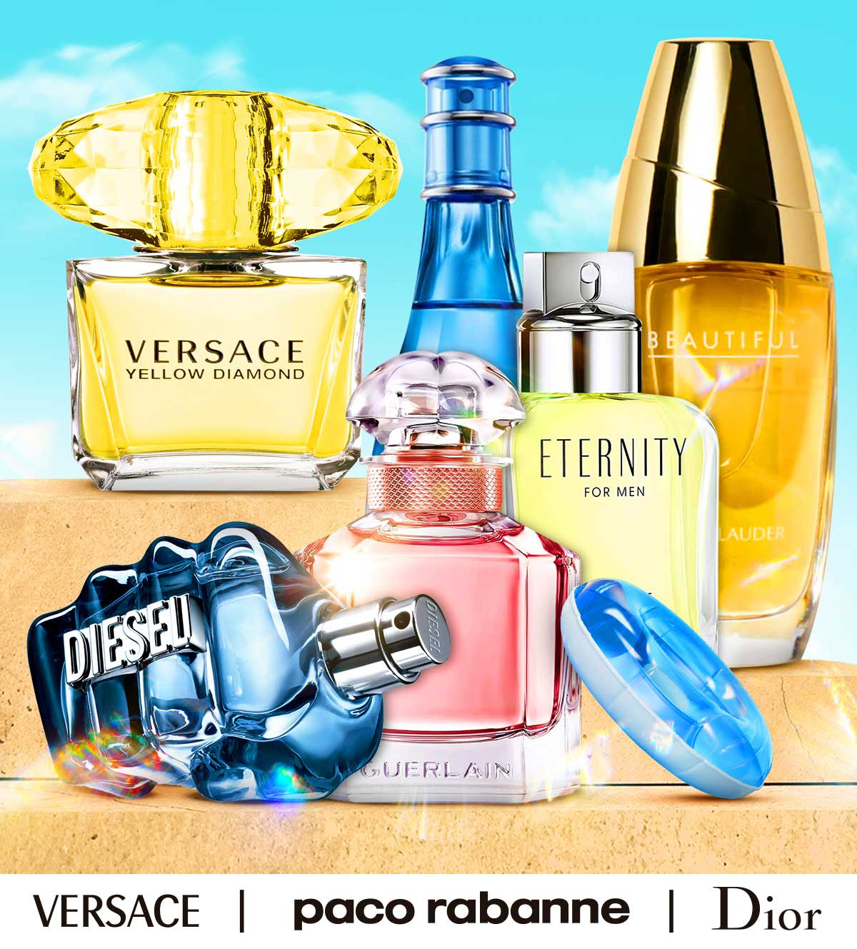 Popular fragrances sit on a sandy pedestal to advertise summer savings