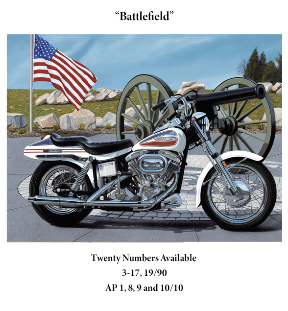 painting of a classic harley in front of a canonby scott jacobs