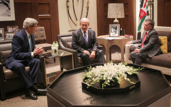 "His Majesty King Abdullah holds talks with Israeli Prime Minister Benjamin Netanyahu and US Secretary of State John Kerry in Amman on Thursday." (Photo courtesy of Royal Court/AFP/Jordan Times)