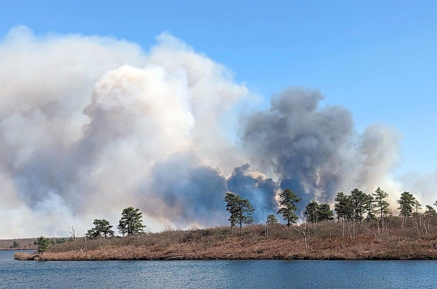 A large plume of white and grey smoke is being blown across a landscape of trees and shrubs. A lake surrounds the land.