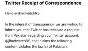 Sharia Twitter sends notice to Robert Spencer saying that his tweet violated laws of Pakistan