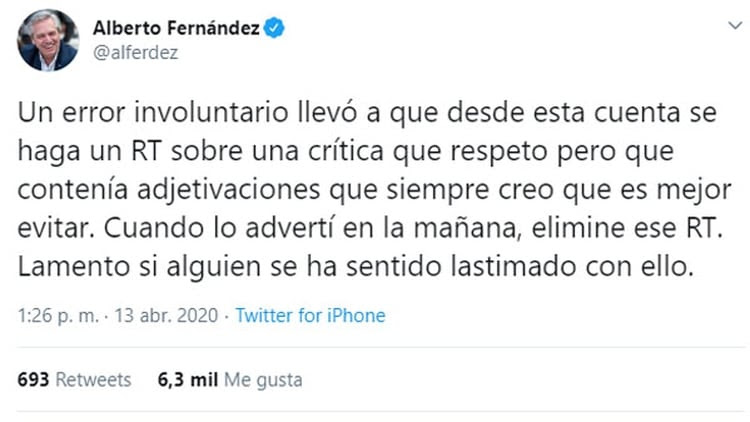 El tuit de disculpas de Alberto Fernández