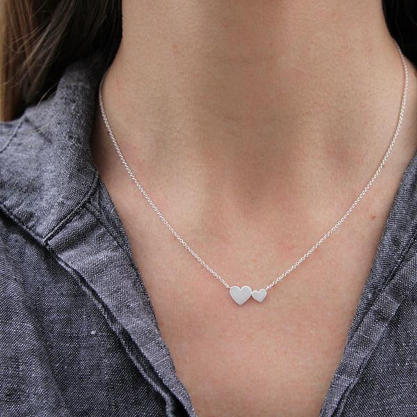 Brushed Sterling Silver Big &amp; Little Hearts Necklace