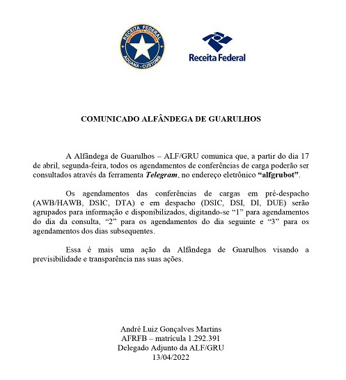 Comunicado ALF GRU - Agendamento