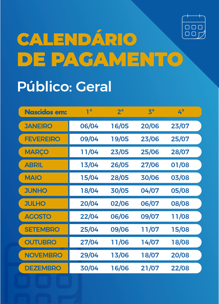 Arte/Agência Brasil Calendário de pagamento das parcelas do auxílio emergencial.