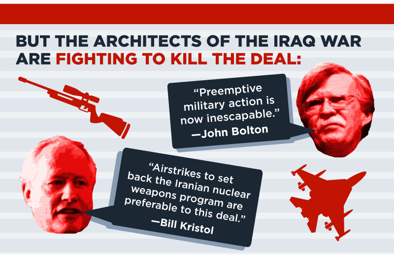 But the architects of the Iraq War are fighting to kill

the deal. John Bolton says, 'Preemptive military action is now inescapable' and Bill Kristol says, 'Airstrikes to set back

the Iranian nuclear weapons program are preferable to this deal.'