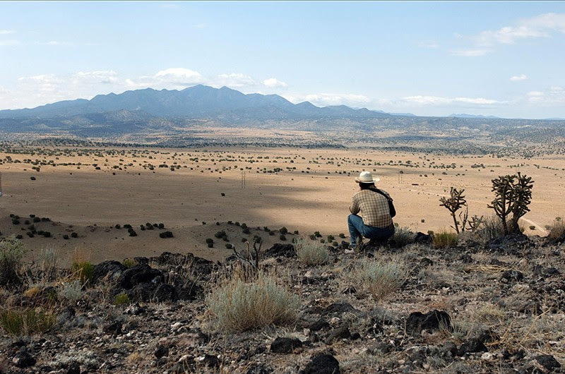 A figure stares out over a deserted desert plain 