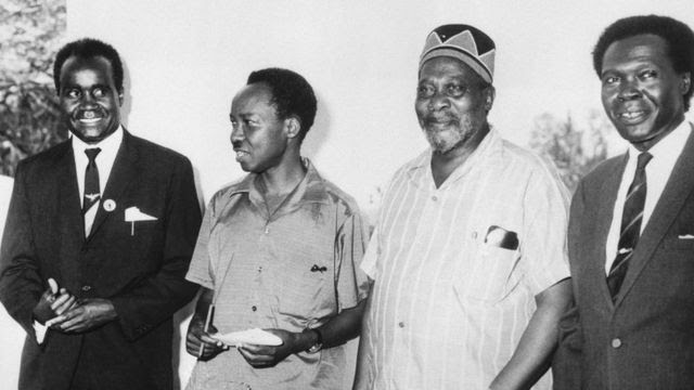 African Leaders (left to right) Dr. Kenneth Kaunda, Northern Rhodesian Premier; President Julius Nyerere, United Republic Tanganyika and Zanzibar; Jomo Kenyatt, Kenya Premier; and Dr. Milton Obote, Uganda Premier.