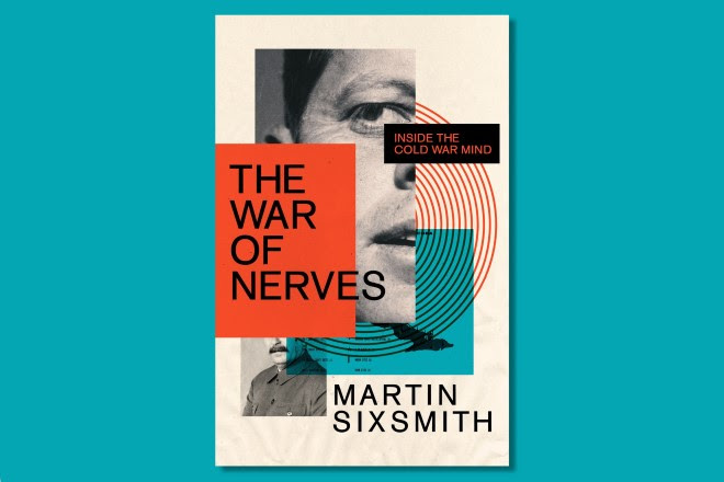 The book cover for The War of Nerves on a blue background, featuring a series of colourful squares, concentric circles and a photograph of a face