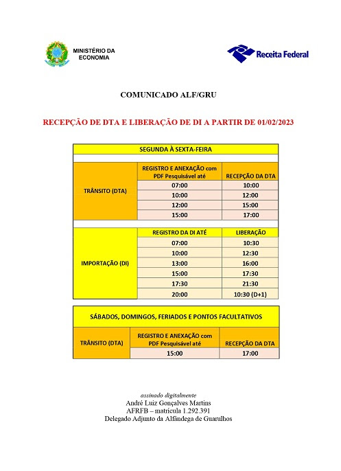 COMUNICADO ALF GRU - Recepção de DTA e Leiberação 