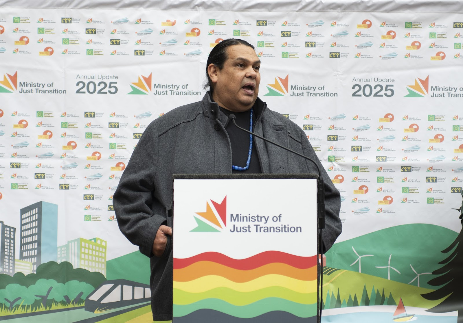 Rueben George from Tsleil Waututh Nation offers opening remarks at a “Press Conference from the Future” in Vancouver during the Day of Action for a Just Transition.