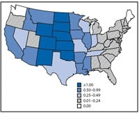 Reported neuroinvasive West Nile virus cases per 100,000 population in the United States in 2013.