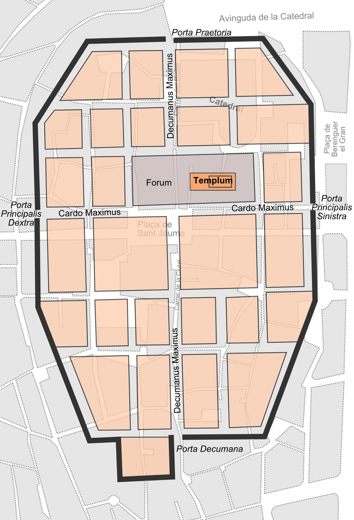 Barcino, sketched in its original location over a map of Barcelona’s current Gothic Quarter.