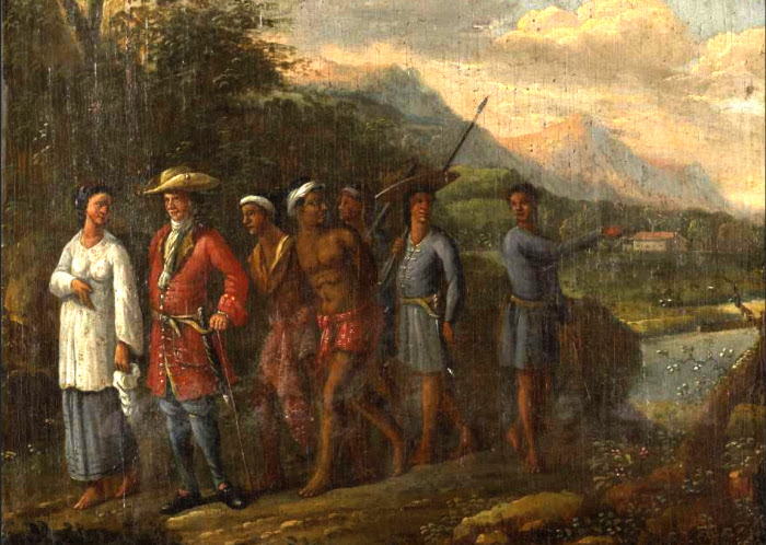 Het schilderij “Hollandse koopman met slaven in heuvellandschap”.