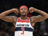 Washington Wizards guard Bradley Beal (3) reacts during the second half of an NBA basketball game against the Atlanta Hawks, Friday, March 6, 2020, in Washington. The Wizards won 118-112. (AP Photo/Nick Wass)