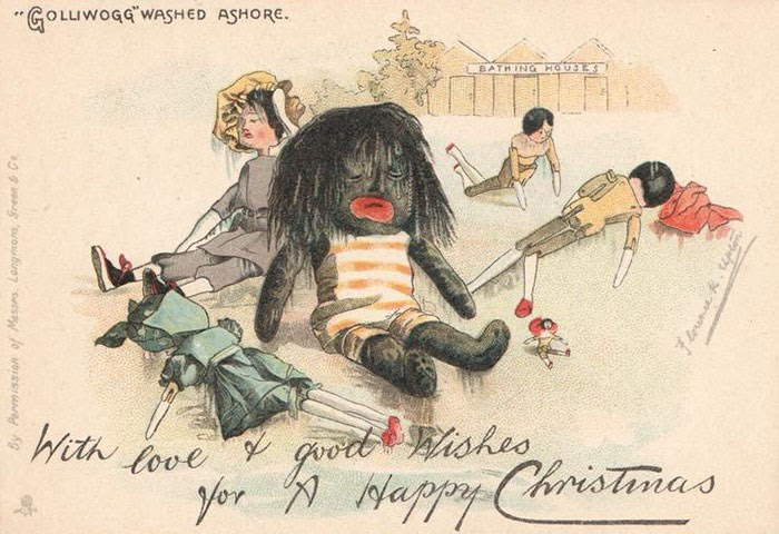 Tấm thiệp Giáng sinh này thể hiện cảnh búp bê Golliwogg - một nhân vật trong truyện dành cho trẻ em ở Anh thế kỷ 19 - dạt vào bờ biển sau khi bị đắm tàu. Tấm thiệp Giáng sinh này thể hiện cảnh búp bê Golliwogg - một nhân vật trong truyện dành cho trẻ em ở Anh thế kỷ 19 - dạt vào bờ biển sau khi bị đắm tàu.