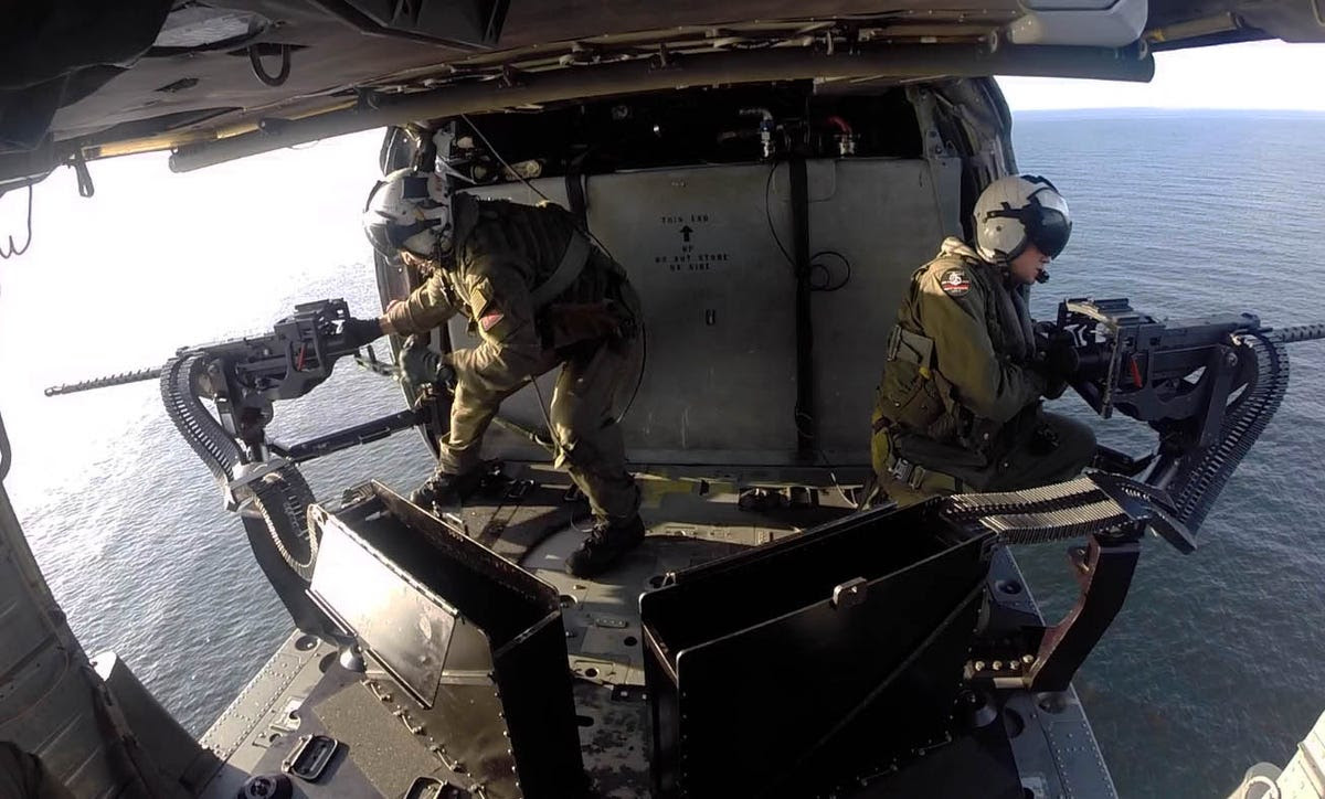 The Coronado doesn't look like an aircraft carrier, but it does have serious airpower in the form of a MH-60S Seahawk with twin .50 caliber door guns.