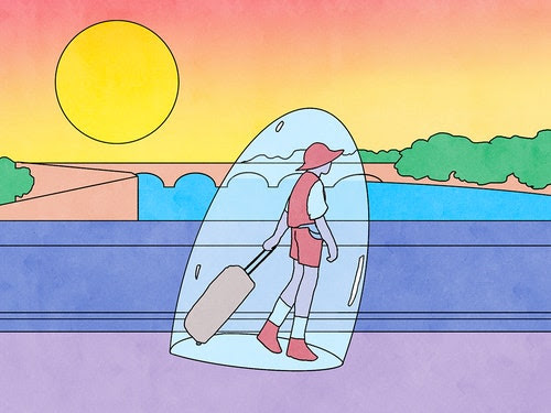 An illustration of a tourist dragging along a suitcase while enclosed in a bubble.