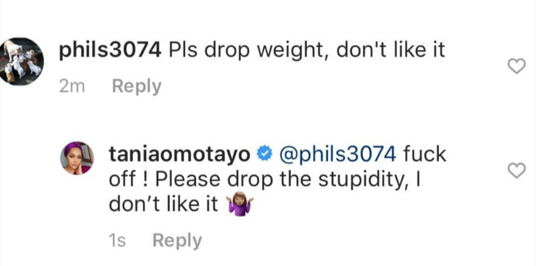 Tania Omotayo comes for IG troll who asked her to go lose some weight
