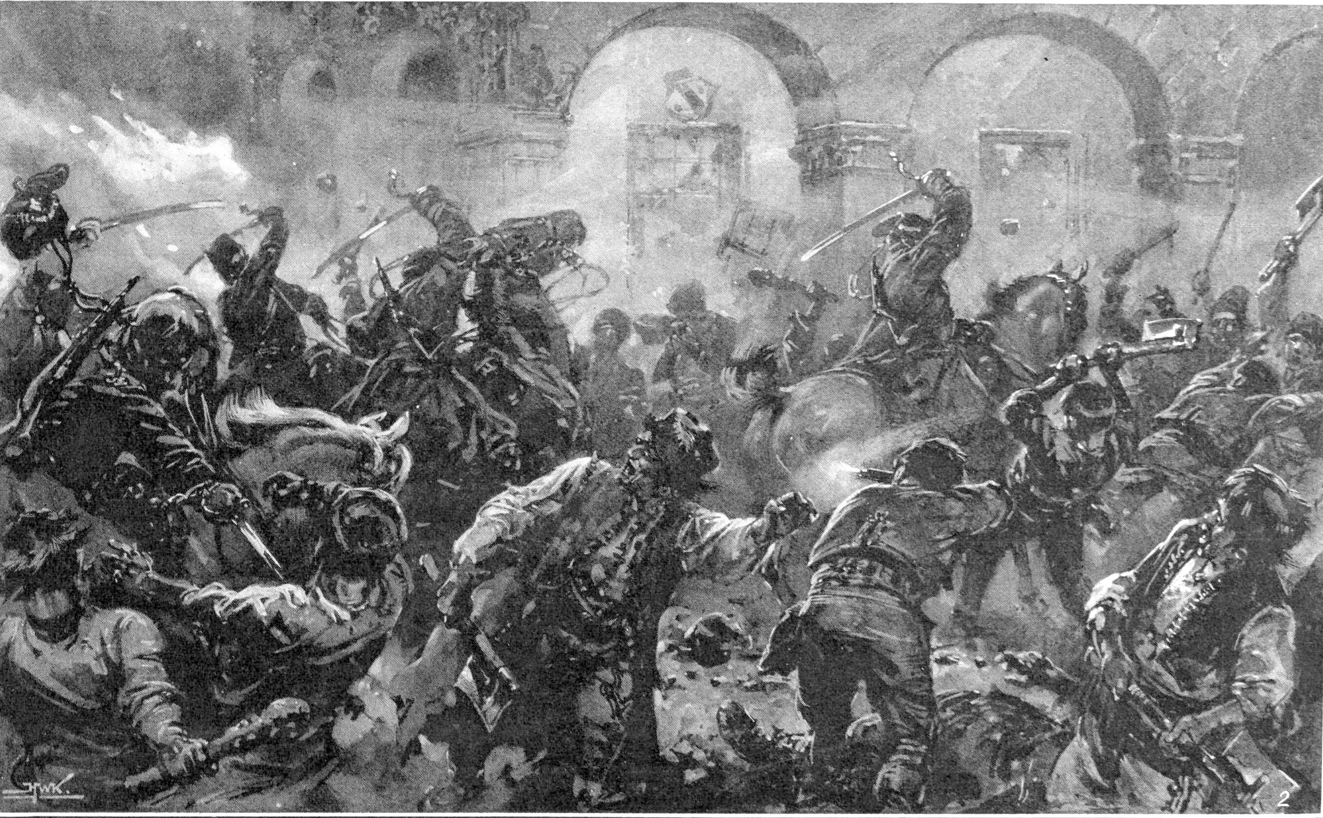 https://upload.wikimedia.org/wikipedia/commons/1/1c/A_cavalry_patrol_sabring_the_rioters_in_the_streets_of_Comanesti.jpg