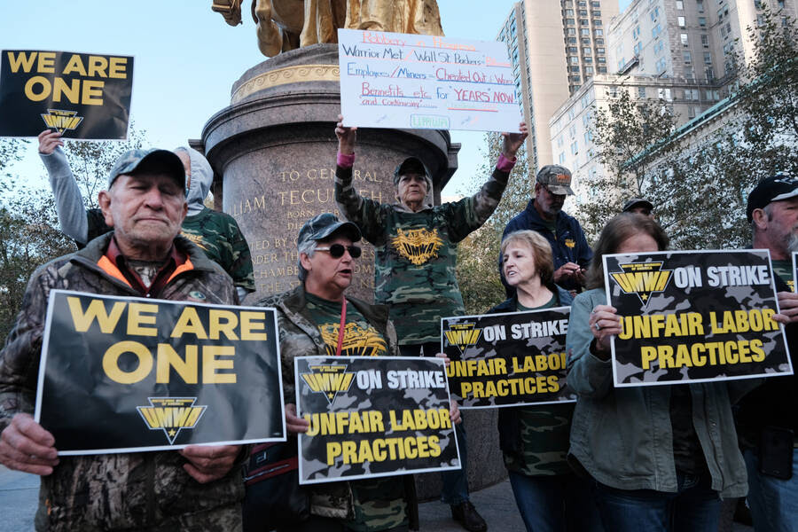 Hundreds of members of the United Mine Workers of America (UMWA) march to the Manhattan headquarters of BlackRock, the largest shareholder in the mining company Warrior Met Coal, on November 04, 2021 in New York City.