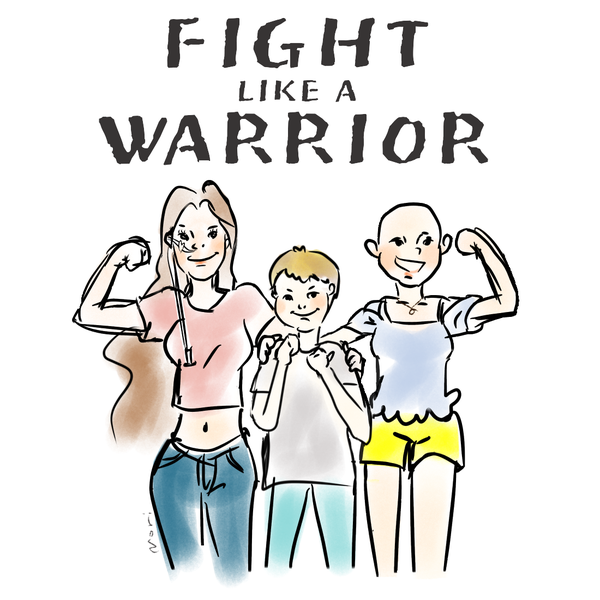 A comic-like drawing of three people holding up their fists. Text: Fight like a warrior