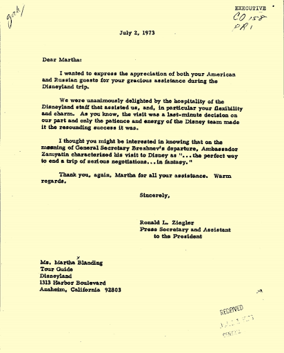 Letter_ Ronald L. Ziegler to Martha Blanding_ July 2_ 1973_ folder EX CO 158 Union of Soviet Socialist Republics 7_1_1973-7_31_1973_ box 74_ White House Central Files_ Subject Files_ CO _Countries_