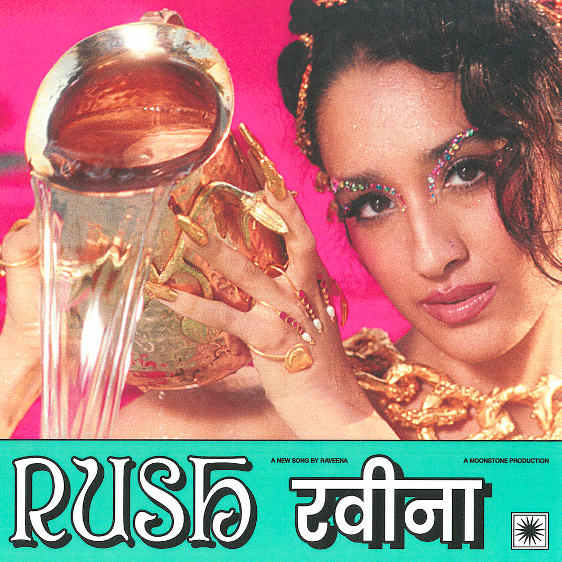 The artwork for Raveena's track 'Rush'. She is pouring water out from a gold metal jug, covered in gold jewellery, with long gold nails.