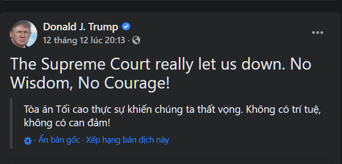 Trên Twitter, Tổng thống Trump chỉ trích Tối cao Pháp viện thiếu trí tuệ và can đảm để cứu nước Mỹ.