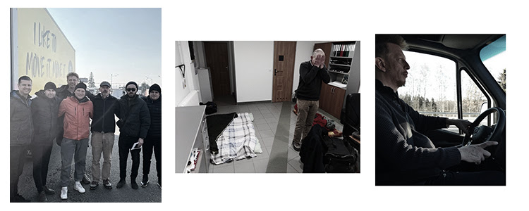 Three pictures from Michael: first one shows him with colleagues and Ukrainian refugees, second shows his friend in a room where they slept and the third one shows another friend driving a truck