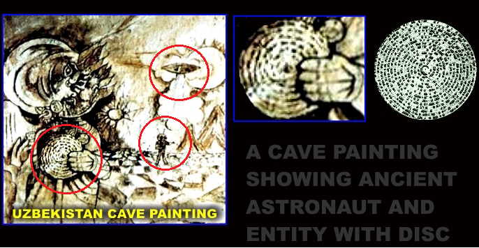 Uma pintura na caverna mostrando um antigo astronauta e uma entidade com um disco.