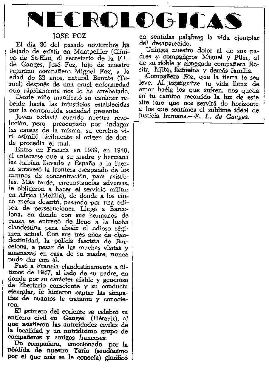 Necrològica de José Foz apareguda en el periòdic tolosà "CNT" del 23 de desembre de 1956