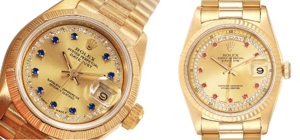 Rolex President Day-Date Yellow Gold String Diamond Sapphire and Ruby Dial Watches