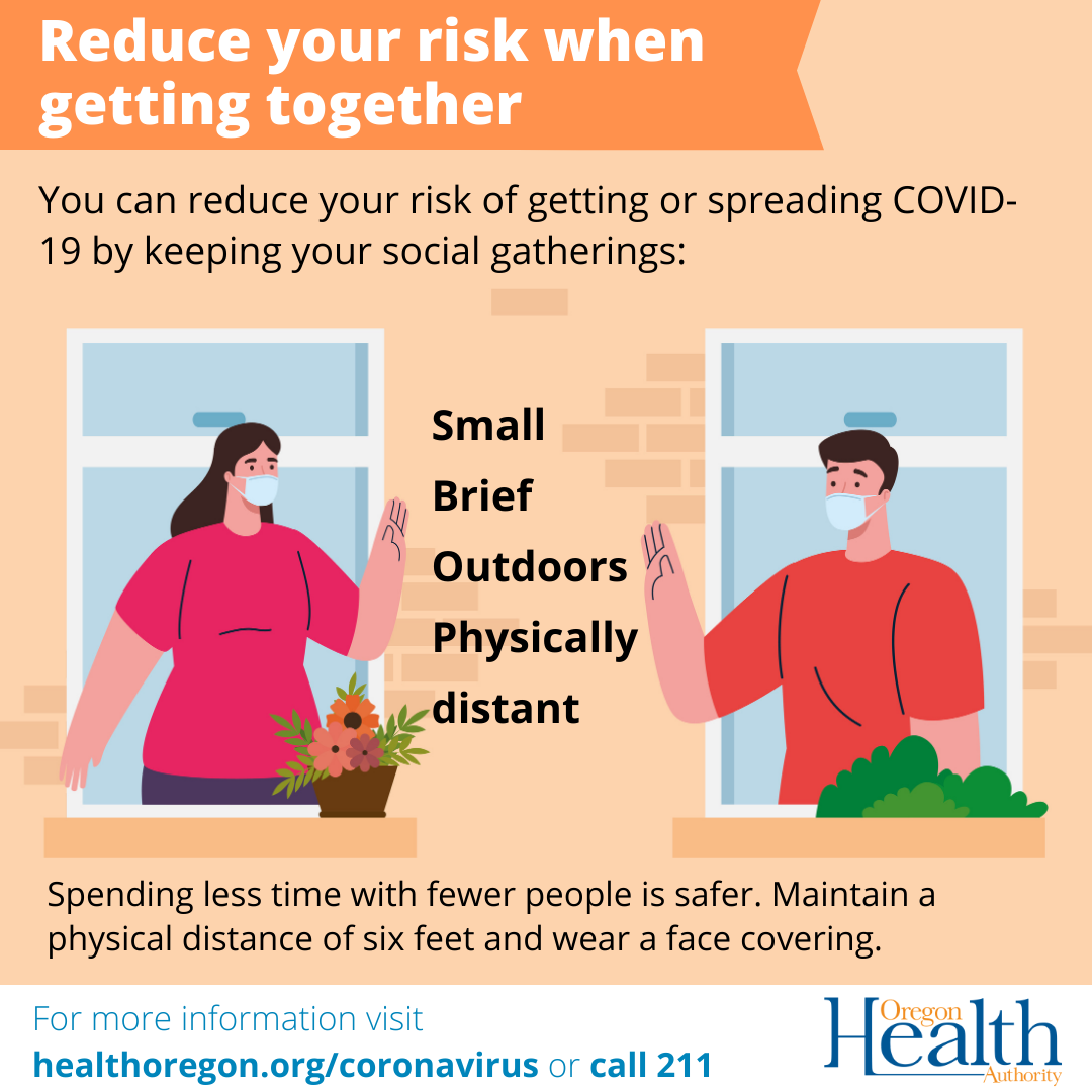 You can reduce your risk of getting or spread COVID-19 by keeping your social gatherings: small, brief, outdoors, physically distant. 