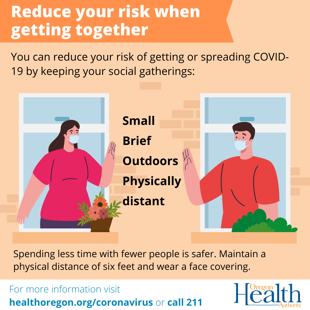 You can reduce your risk of getting or spread COVID-19 by keeping your social gatherings: small, brief, outdoors, physically distant.