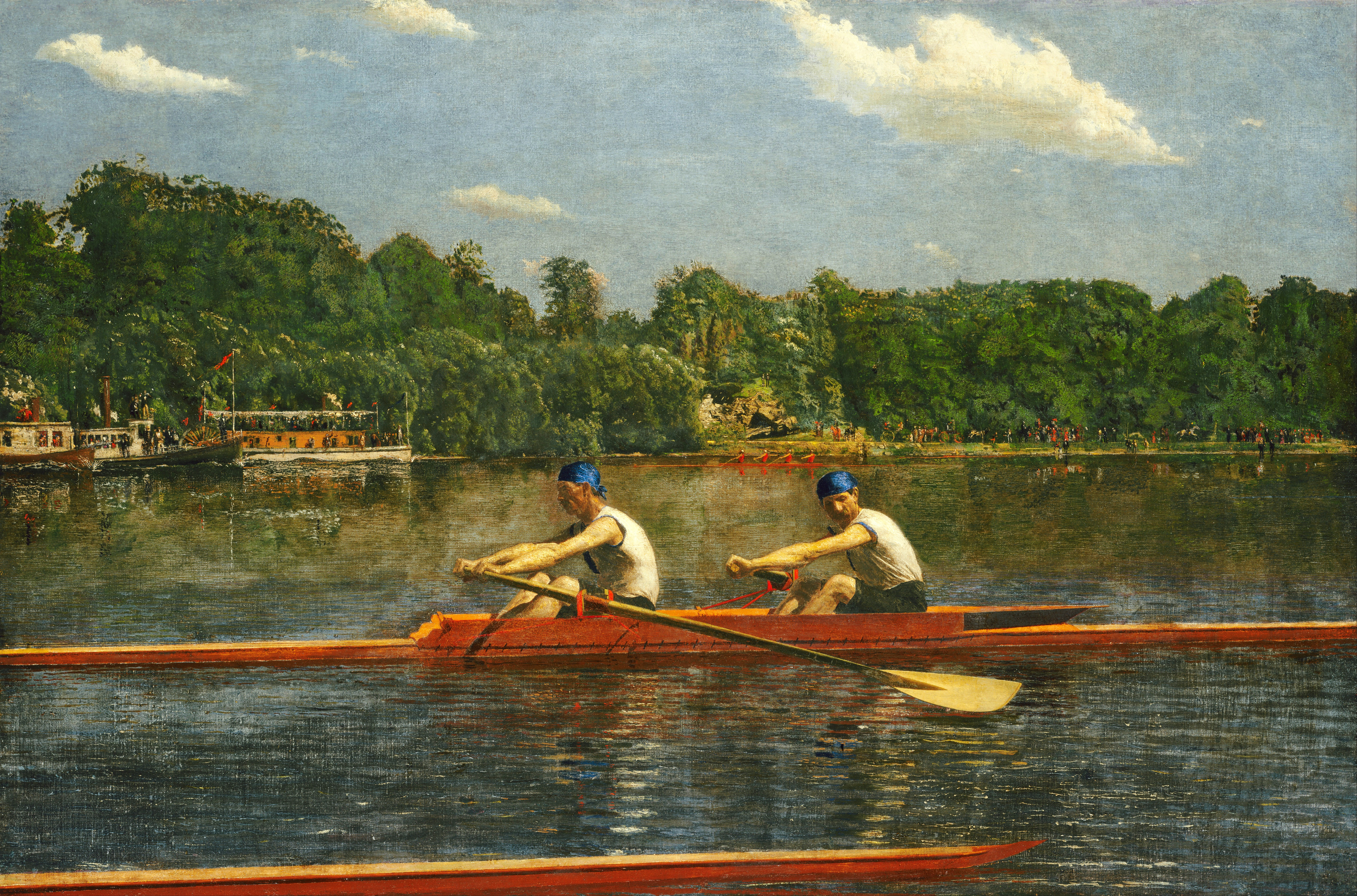 Painting with two rowers in a rowboat, on water, with trees in the background. Rowing art by Thomas Eakins