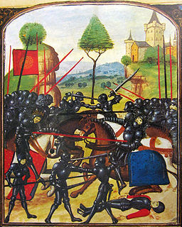 Two groups of black armoured knights, mounted and on foot, charge at each other, fighting with swords and lances.