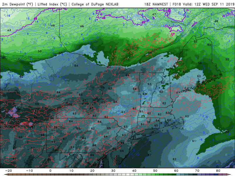 Dew points will go up today and then fall back tomorrow. (Courtesy COD Weather)