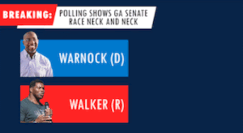 Image of Warnock, Walker poll showing Walker with 49% and Warnock with 47%. Headline reads BREAKING: Polling Shows GA Senate Race Neck And Neck